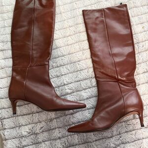 Zara Brown Pointed-Toe Over-the-Knee Leather Boots